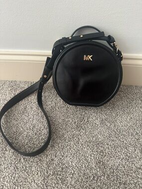 Michael Kors Black Canteen Round Leather Crossbody with Gold MK